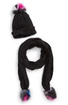 Women's Nyc Underground Faux Fur Pompom Knit Beanie & Scarf, Size - Black