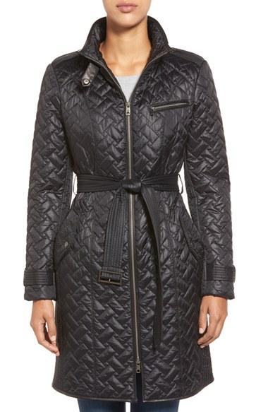 Women's Cole Haan Belted Quilted Coat - Black