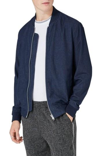 Men's Topman Embroidered Denim Bomber Jacket - Blue