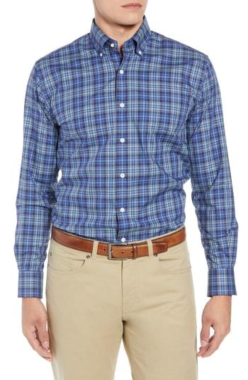 Men's Peter Millar Crown Ease Flatey Island Regular Fit Tartan Plaid Sport Shirt - Blue