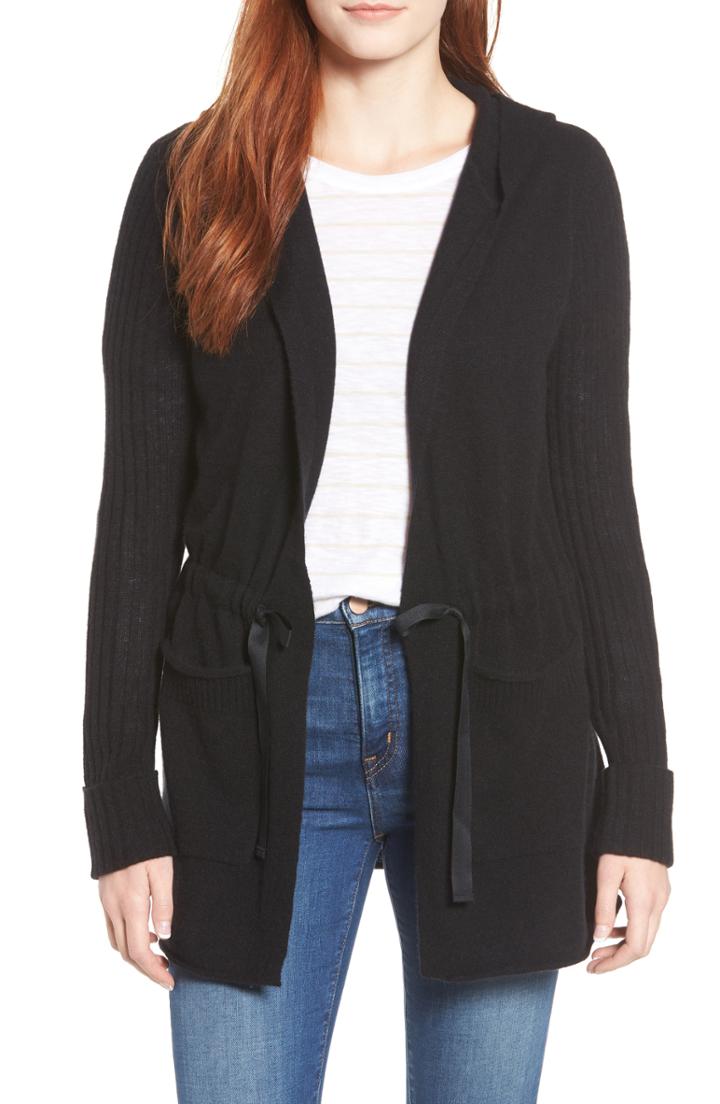 Women's Caslon Off Duty Cashmere Hooded Cardigan - Black