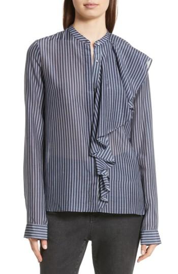 Women's Robert Rodriguez Vertical Stripe Ruffle Shirt - Blue