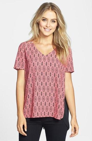 Bellatrix Sheer Accordion Pleat Back Print Blouse Coral/ Black Diamond Print