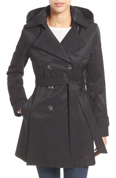 Women's Halogen Detachable Hood Trench Coat - Black