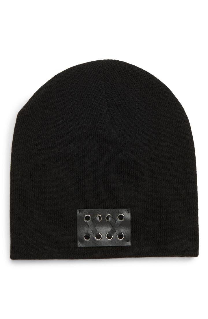 Women's Bp. Faux Leather Patch Knit Beanie - Black