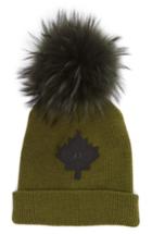 Women's Moose Knuckles Maple Leaf Toque Hat With Removable Genuine Fox Fur Pom - Green