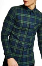 Men's Topman Muscle Fit Black Watch Plaid Shirt, Size - Blue