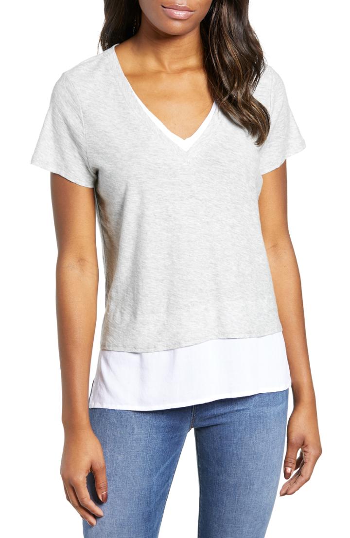 Women's Vince Camuto Layered Look V-neck Tee, Size - Grey