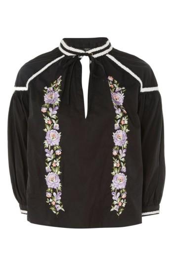 Women's Topshop Embroidered Poplin Tie Neck Top Us (fits Like 2-4) - Black