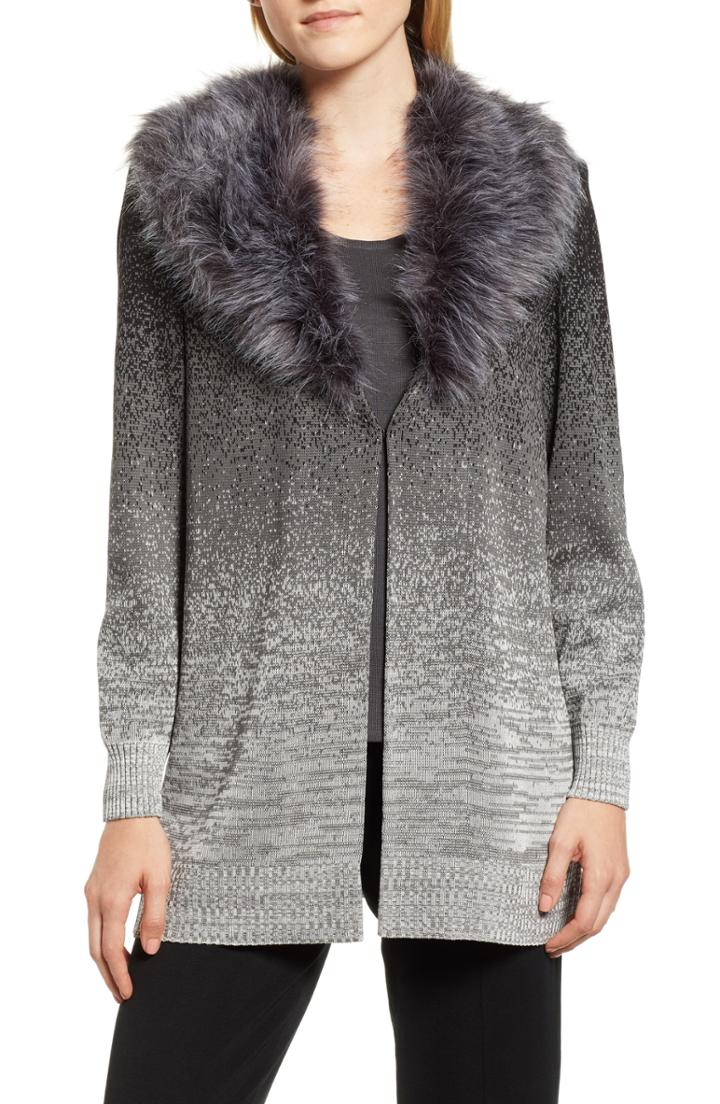 Women's Ming Wang Faux Fur Trim Knit Jacket