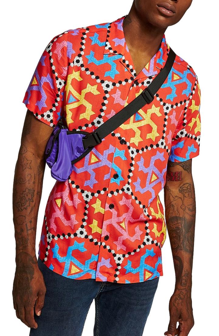 Men's Topman Tashkent Geo Pattern Camp Shirt, Size - Red