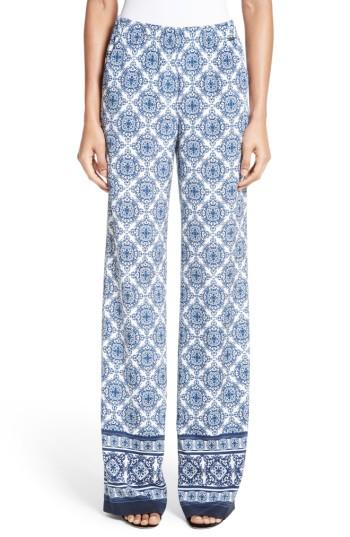 Women's St. John Collection Kali Tile Print Stretch Silk Pants - Blue