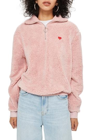 Women's Topshop Borg Heart Quarter Zip Pullover Us (fits Like 0) - Pink
