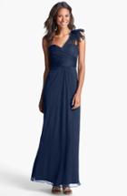 Women's Amsale Illusion Shoulder Crinkled Silk Chiffon Dress - Blue