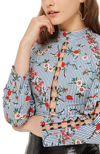 Women's Topshop Ring Lace Up Floral Stripe Top Us (fits Like 0) - Blue