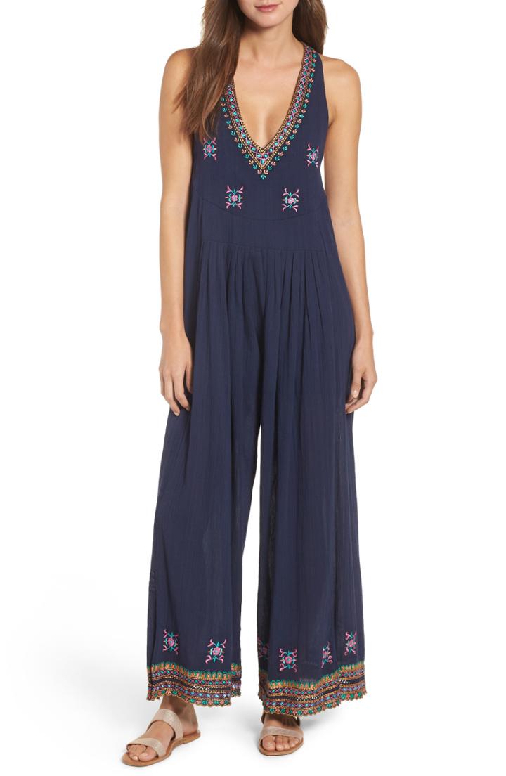 Women's Kas New York Osian Hand Embroidered Cotton Gauze Jumpsuit