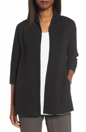 Women's Eileen Fisher Silk & Organic Cotton Interlock Knit Funnel Neck Jacket - Black