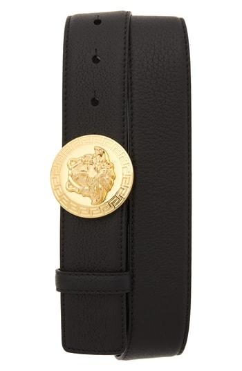 Men's Versace First Line Circular Medusa Leather Belt Eu - Black