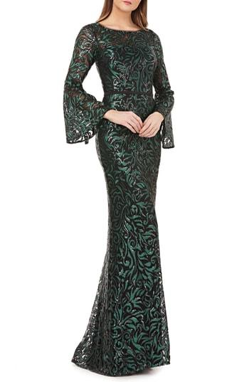 Women's Carmen Marc Valvo Infusion Sequin Embroidered Trumpet Gown - Green