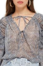 Women's Topshop Ditsy Gypsy Tie Neck Blouse Us (fits Like 0) - Blue
