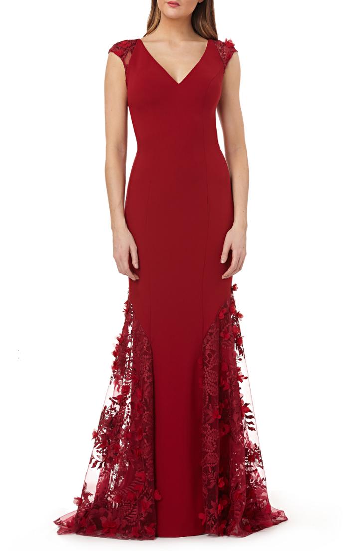 Women's Carmen Marc Valvo Infusion 3d Floral Inset Gown - Burgundy