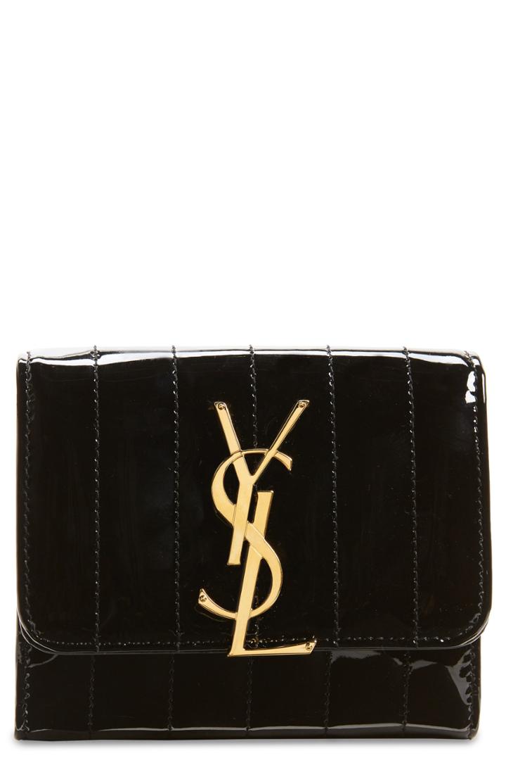 Women's Saint Laurent Vicky Patent Leather Trifold Wallet - Black