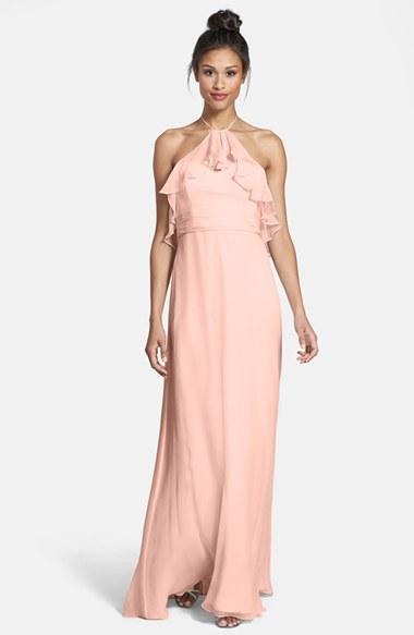 Women's Amsale Ruffle Crinkled Silk Chiffon Halter Gown - Pink