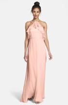 Women's Amsale Ruffle Crinkled Silk Chiffon Halter Gown - Pink