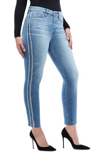 Women's Good American Good Waist Athletic Stripe High Waist Ankle Straight Leg Jeans - Blue