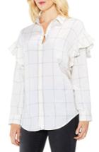 Women's Two By Vince Camuto Ruffle Shoulder Windowpane Plaid Top, Size - White