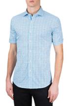 Men's Bugatchi Shaped Fit Check Short Sleeve Sport Shirt - Blue
