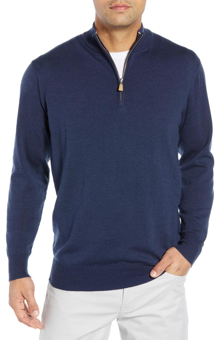 Men's Peter Millar Regular Fit Half Zip Wool & Linen Pullover - Blue