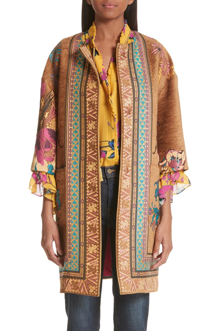 Women's Etro Floral Jacquard Crop Sleeve Jacket Us / 40 It - Brown