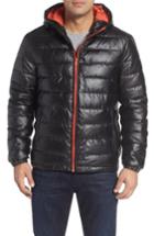 Men's Cole Haan Quilted Faux Leather Hooded Puffer Jacket - Black