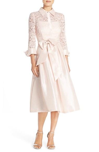 Women's Eliza J Belted Lace & Taffeta Point Collar Midi Dress - Pink