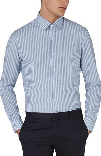 Men's Topman Classic Fit Stripe Smart Shirt, Size - Blue