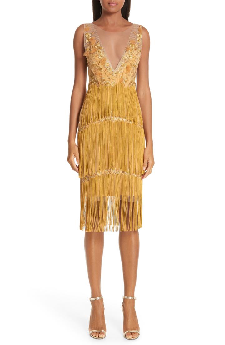 Women's Marchesa Notte Embellished Tiered Fringe Dress - Metallic