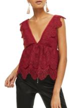 Women's Topshop Plunging Lace Peplum Top Us (fits Like 0-2) - Burgundy