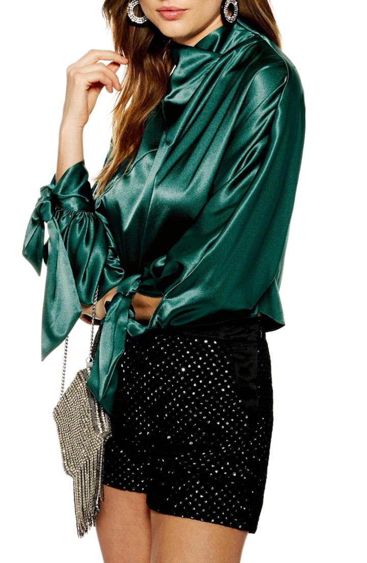 Women's Topshop Satin Tie Sleeve Blouse Us (fits Like 0) - Green