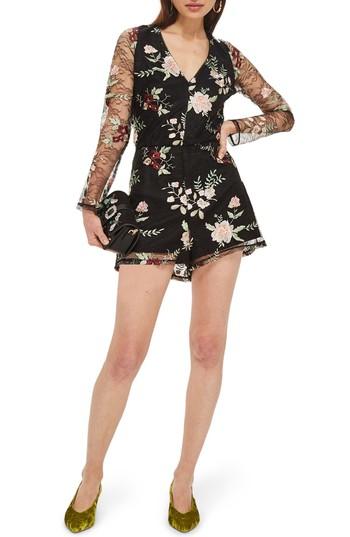 Women's Topshop Embroidered Lace Romper Us (fits Like 0) - Black