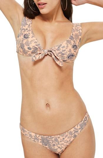 Women's Topshop Paisley Tie Front Crop Bikini Top Us (fits Like 0) - Coral