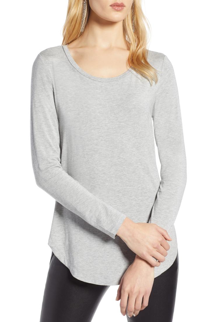 Petite Women's Halogen Long Sleeve Knit Tunic, Size P - Grey