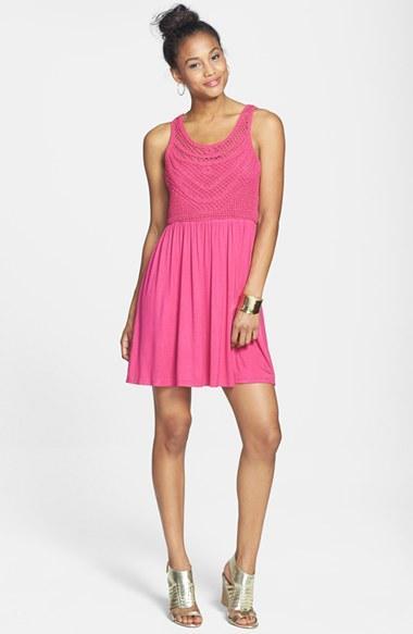 Fire Open Knit Overlay Skater Dress (juniors) Pink