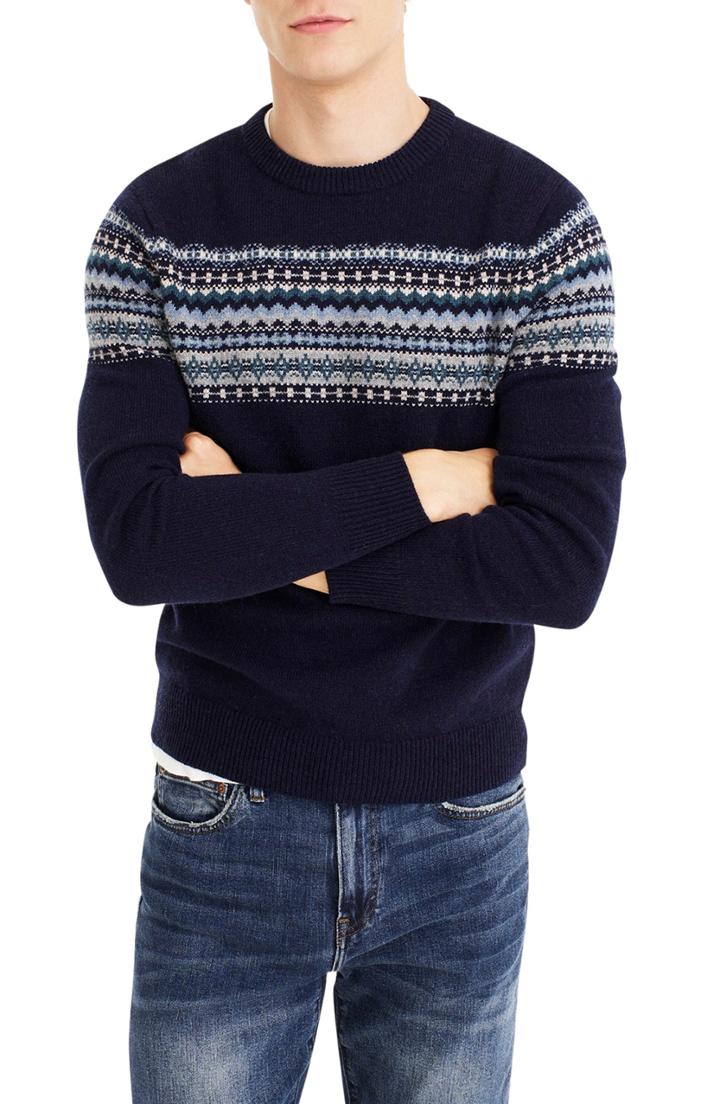 Men's J.crew Fair Isle Crewneck Lambswool Sweater - Blue