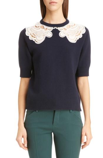Women's Chloe Guipure Lace Detail Wool & Cashmere Sweater - Blue
