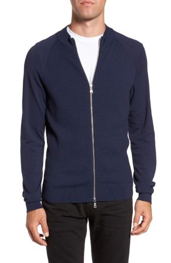 Men's Gant Basket Weave Front Zip Cardigan - Blue