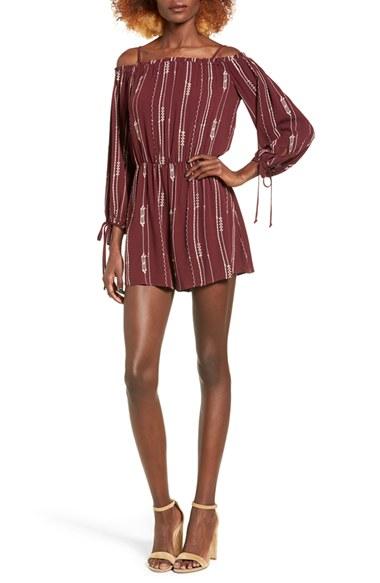 Women's Lush Stripe Cold Shoulder Romper - Burgundy