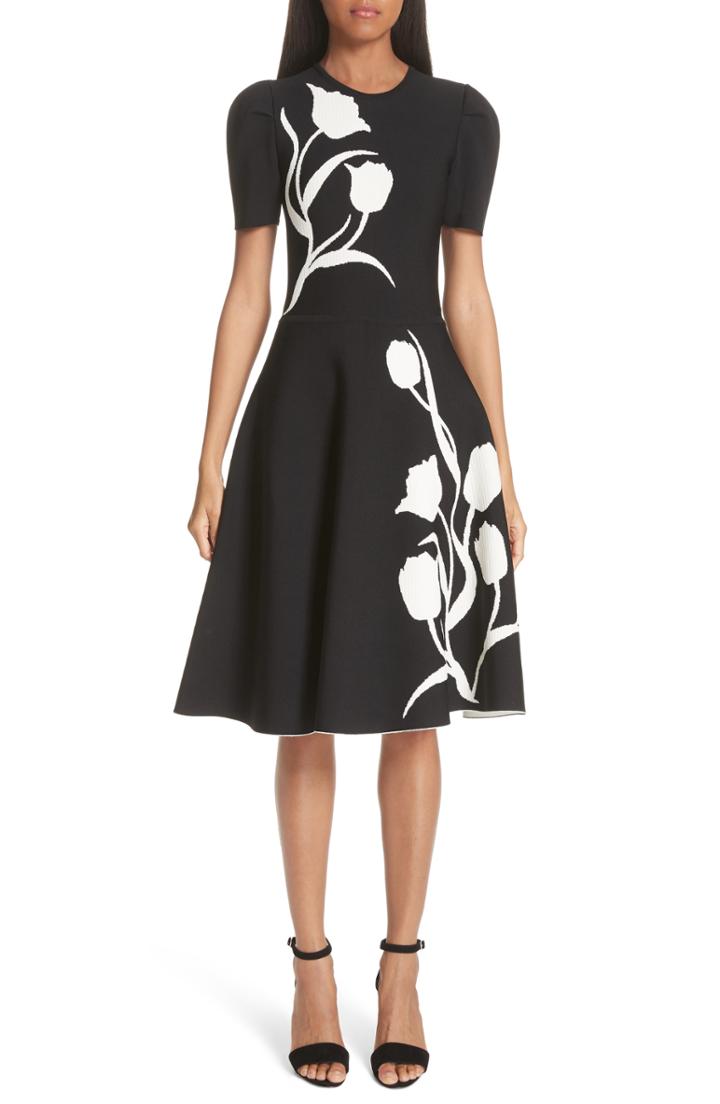 Women's Carolina Herrera Floral Detail Knit Fit & Flare Dress