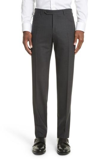 Men's Canali Flat Front Solid Wool Trousers Us / 50 Eur - Grey