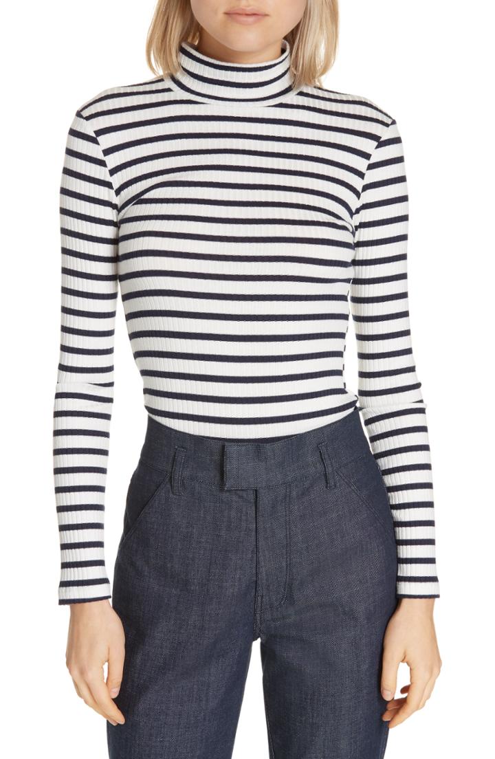 Women's Frame '70s Ribbed Stripe Turtleneck Tee - Ivory